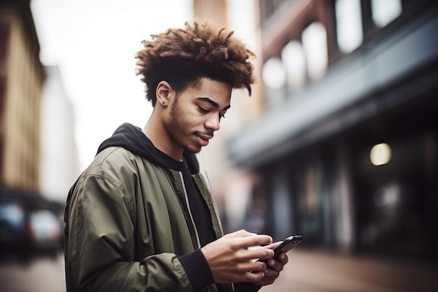 Tiro de um jovem usando um telefone do lado de fora criado com IA generativa