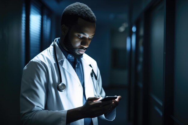 Tiro de um médico africano usando um smartphone criado com IA generativa