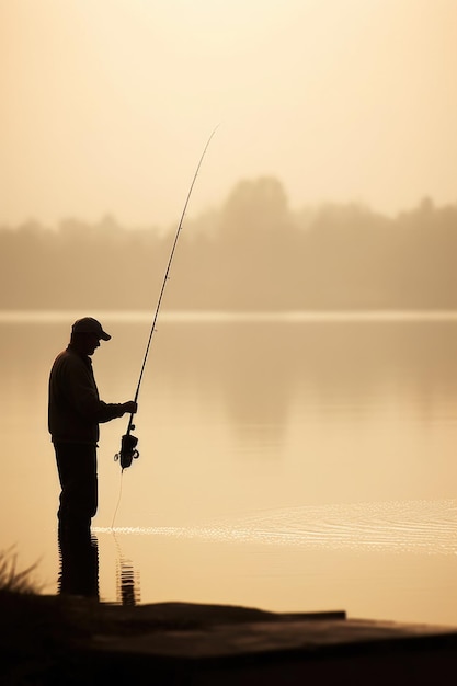 Tiro de um pescador e sua vara de pescar na margem do lago criado com generative ai