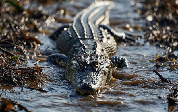 Tiro de uma cauda de crocodilo criando uma trilha de perturbação à medida que manobra