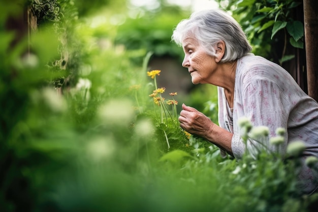 Tiro de uma mulher sênior olhando plantas no jardim criado com generative ai