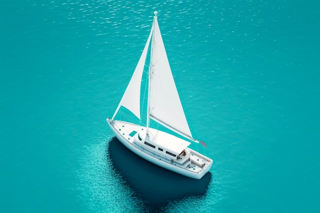 Tiro de vista superior de um veleiro branco em um oceano azul claro claro