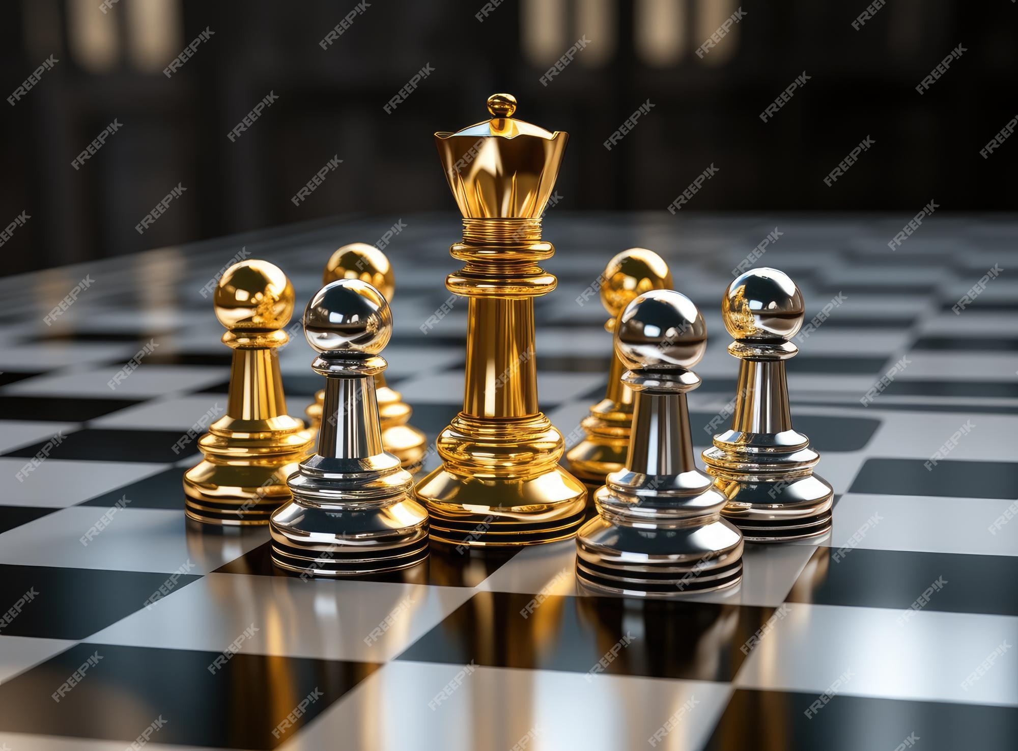 Peça de xadrez do rei de ouro e várias peças de xadrez em um
