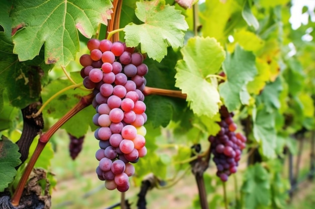 Tiro detalhado de uvas vermelhas e brancas no vinhedo