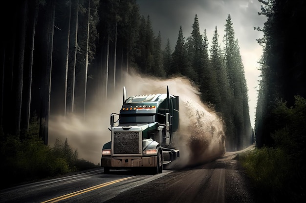 Tiro dramático de caminhão acelerando por uma estrada florestal com árvores voando ao fundo