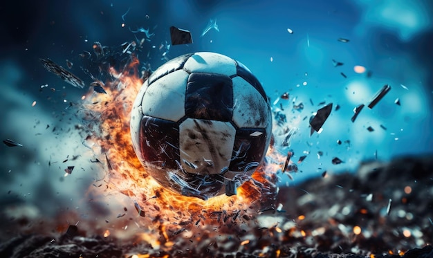 Un tiro dramático de una pelota de fútbol golpea la red para un gol en el fuego
