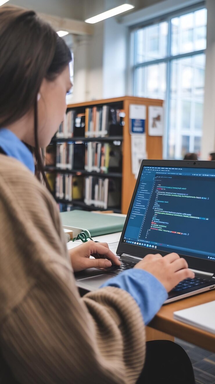 Foto un tiro por encima del hombro con un estudiante universitario estudiando diseño y desarrollo de sitios web en una biblioteca