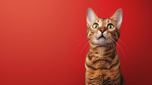 Un tiro de estudio de un gato lindo mirando con curiosidad contra un fondo rojo