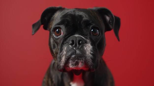 Un tiro de estudio de un perro boxeador blanco y negro mirando a la cámara con una expresión seria en su cara