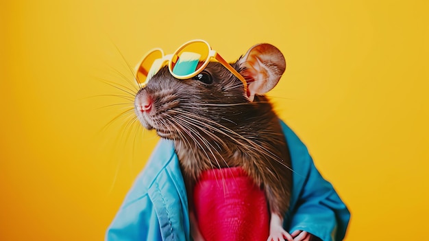 Un tiro de estudio de una rata con gafas de sol y una chaqueta azul y rosa contra un fondo amarillo