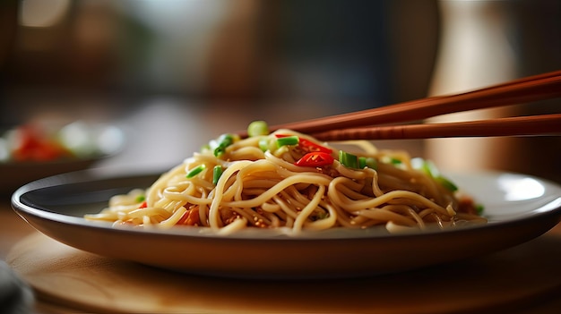 Un tiro de fideos en un plato con palillos chinos IA generativa