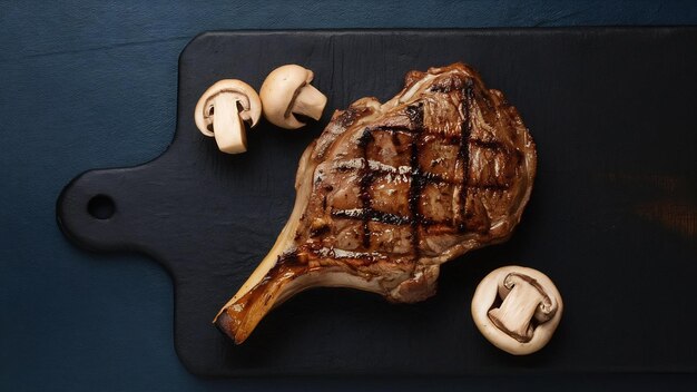 Foto un tiro de un filete a la parrilla en el corral y algunos hongos