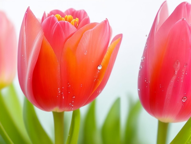 tiro foco de tulipas e gota de água em fundo borrado aconchegante