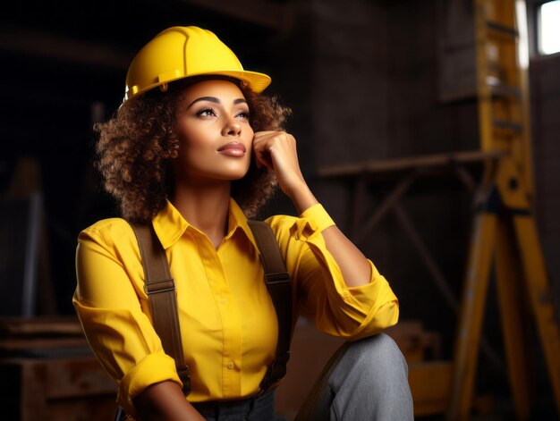 Foto tiro fotográfico de uma mulher natural trabalhando como trabalhador da construção civil