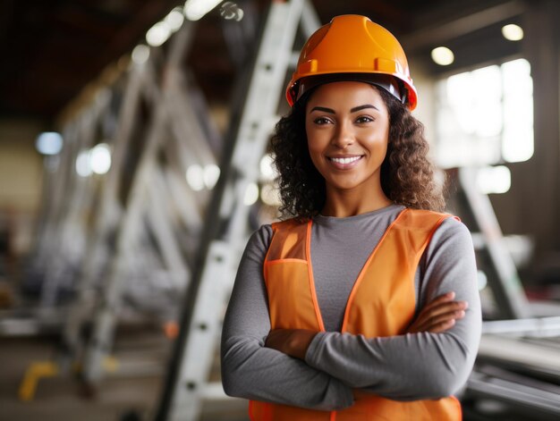 Tiro fotográfico de uma mulher natural trabalhando como trabalhador da construção civil