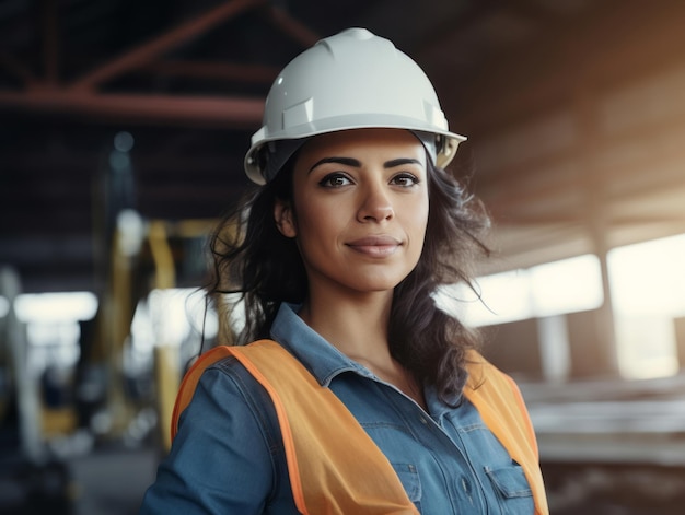 Tiro fotográfico de uma mulher natural trabalhando como trabalhador da construção civil