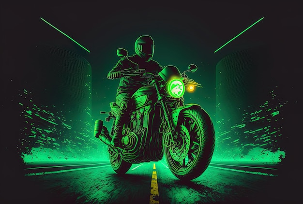 Tiro frontal de uma motocicleta viajando ao longo da estrada em neon verde