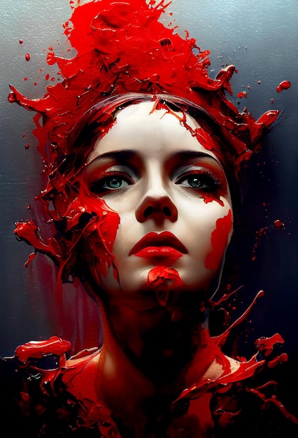 Tiro horizontal de uma bela mulher encharcada de horrores de sangue da guerra 3d ilustrado