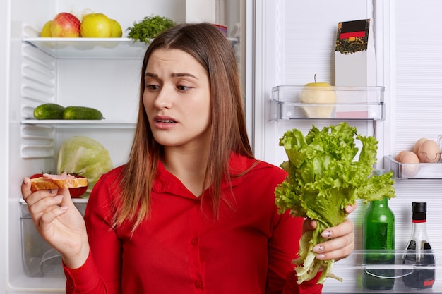 Tiro horizontal de mujer morena con expresión molesta mira sandwich, mantiene lechuga, quiere comer carne, sigue dieta