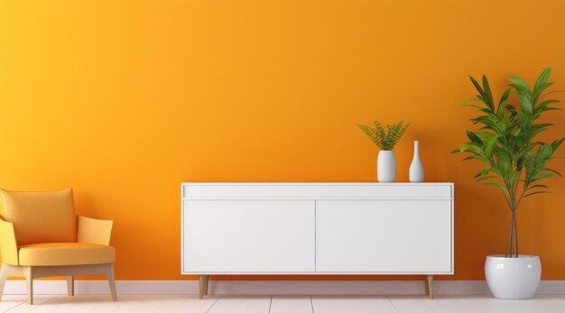 un tiro interior moderno con una pared naranja detrás de un gabinete y muebles blancos
