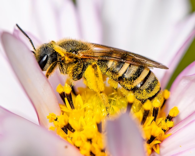 Tiro macro de una abeja en una flor al aire libre durante el día