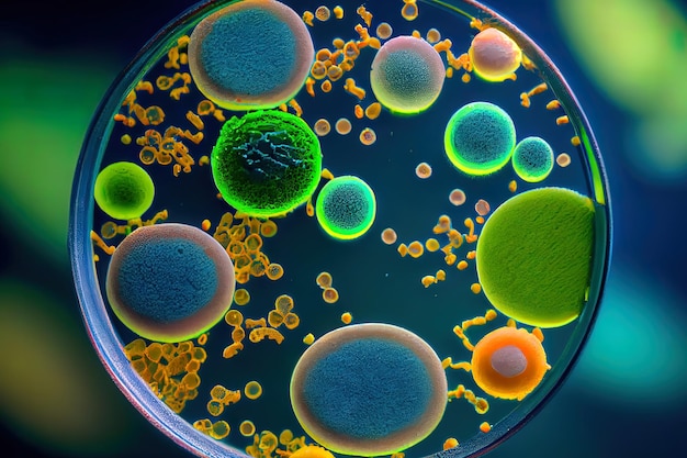 Foto tiro macro aproximado de bactérias e células de vírus generative ai