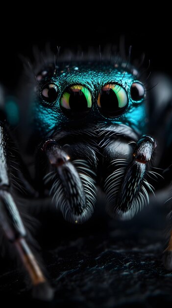 Tiro macro de una araña azul con un fondo borroso