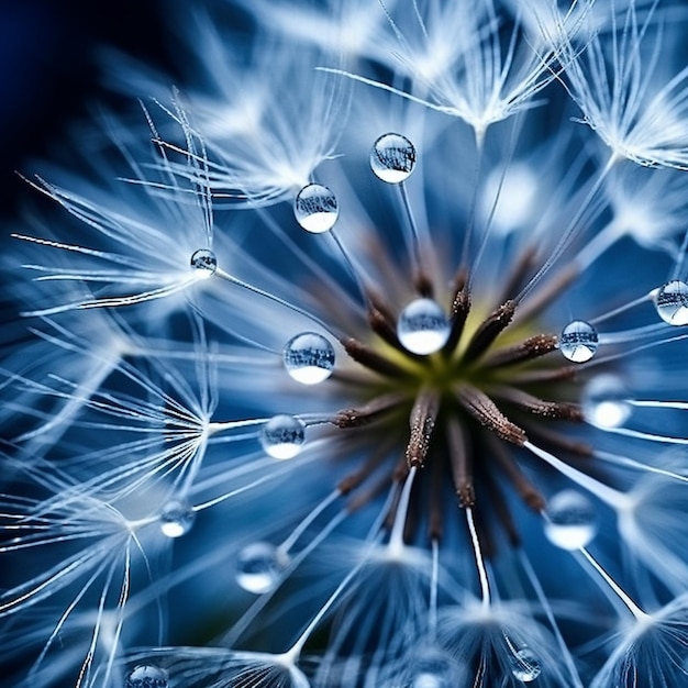 Tiro macro da flor dente-de-leão com tons azuis de gota de chuva Generative AI