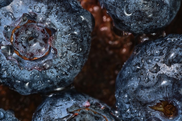 Tiro macro de cima de um grupo de mirtilos com gotas de água na superfície áspera fora de foco