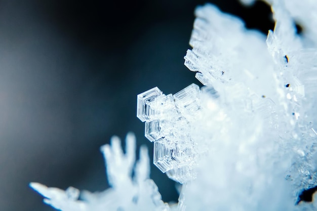 Foto tiro macro de cristais de gelo flocos de neve naturais na neve rime