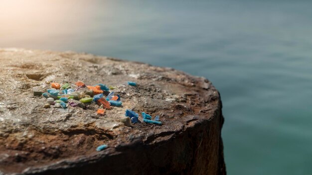 Tiro macro de diferentes partículas de microplástico recolhidas da costa do oceano