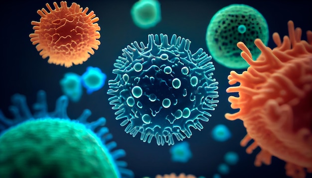Tiro macro de diferentes tipos de micróbios Células de vírus e bactérias em fundo abstrato Generative AI