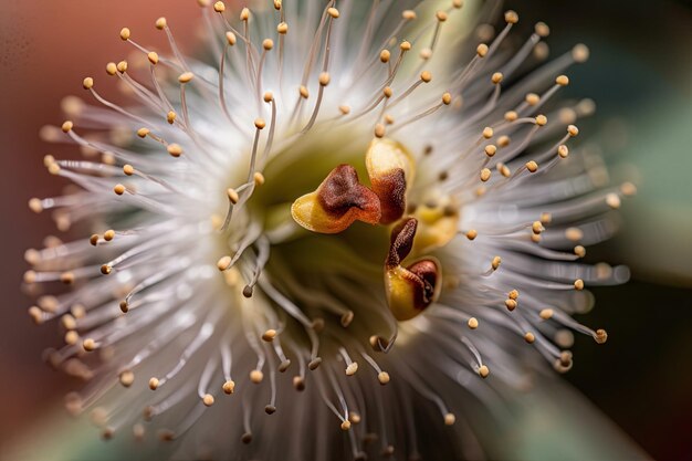 Tiro macro de flor de eucalipto com detalhes intrincados e texturas visíveis