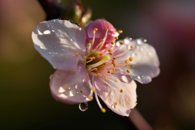 Tiro macro de flor delicada com gota de orvalho no início da madrugada criado com ai generativo