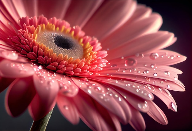 Tiro macro de flor gerbera rosa de gotas de água caindo sobre pétalas de flores Generative ai