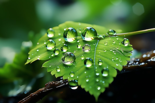 Tiro macro de folhas verdes com gotas de água orvalho ou gota de chuva sobre eles Floresta de natureza de folha verde