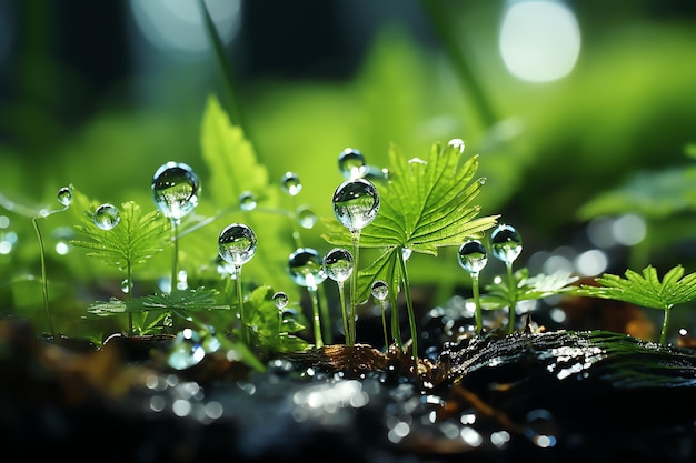 Tiro macro de folhas verdes com gotas de água orvalho ou gota de chuva sobre eles Floresta de natureza de folha verde