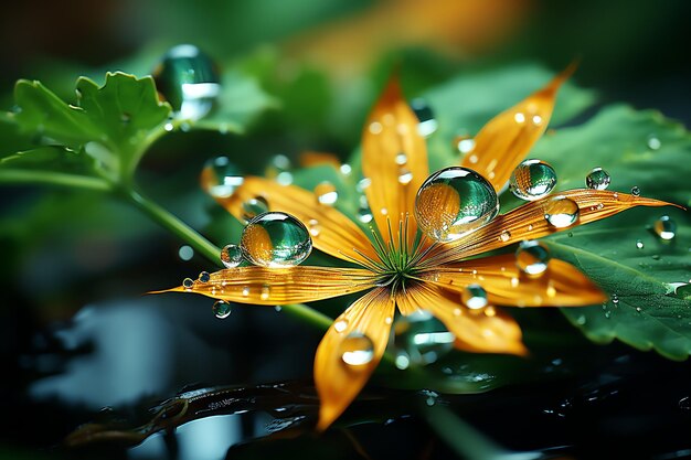 Tiro macro de folhas verdes com gotas de água orvalho ou gota de chuva sobre eles Floresta de natureza de folha verde