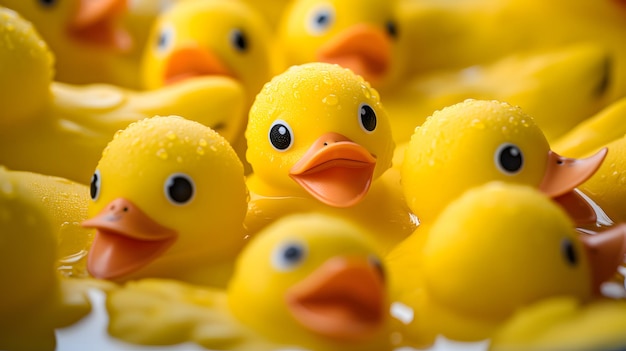 Tiro macro de patos de borracha alegres de patos de borracha amarelos flutuando em uma banheira