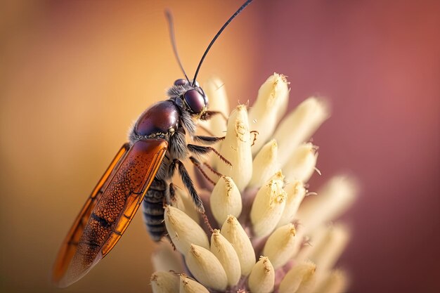 Tiro macro de um inseto descansando em uma haste de flor com um fundo desfocado Gerado por AI