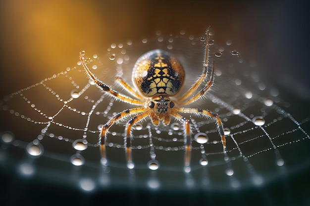 Tiro macro de uma aranha em sua teia com gotas de água geradas por AI