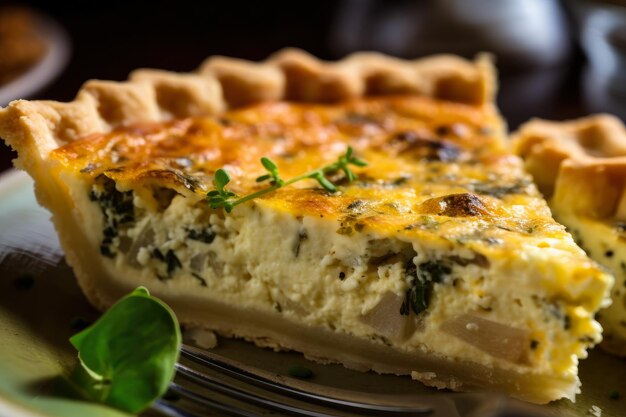 Tiro macro de uma fatia de quiche com crosta escamosa e recheio rico guarnecido com ervas frescas