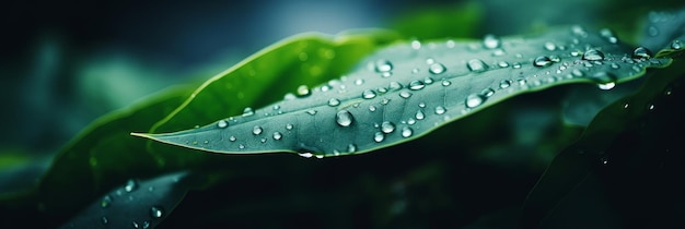 Tiro macro de uma gota de chuva em uma folha verde Generative AI