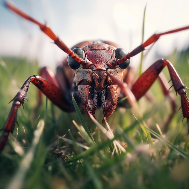 Tiro macro de un escarabajo de cuerno largo rojo en la hierba