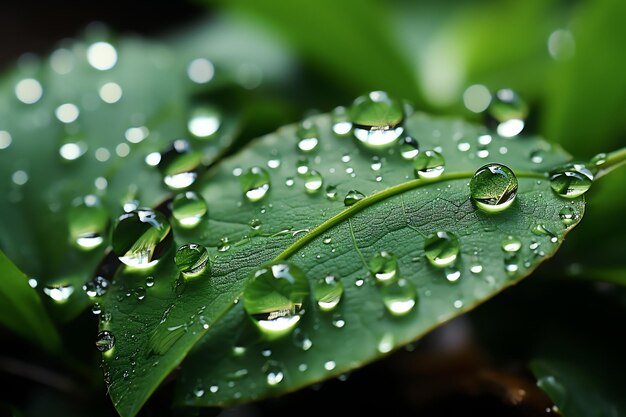 Tiro macro de hojas verdes con gotas de agua rocío o gota de lluvia sobre ellas Bosque de naturaleza de hoja verde