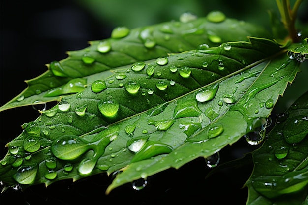 Tiro macro muestra agua cayendo de la hoja