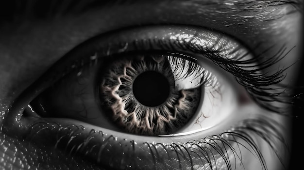 Tiro macro de un ojo humano con un ai generador de tinte blanco y negro