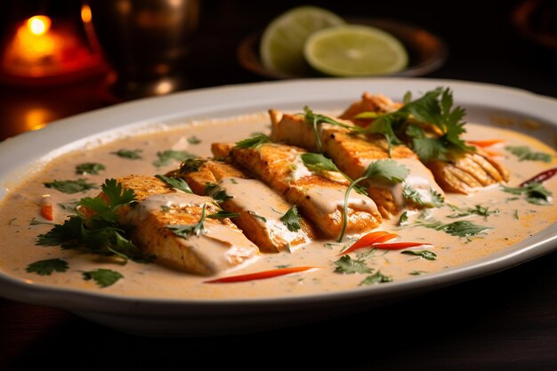 Un tiro macro de un plato de curry de pescado con especias aromáticas y leche de coco