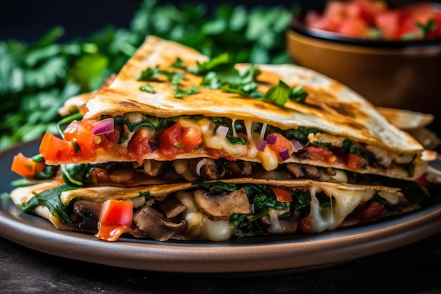 Tiro macro tentador de uma quesadilla vegetariana recheada com cogumelos salteados, espinafre e cebola