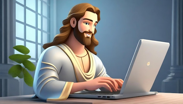 Foto tiro médio de jesus cristo com laptop.